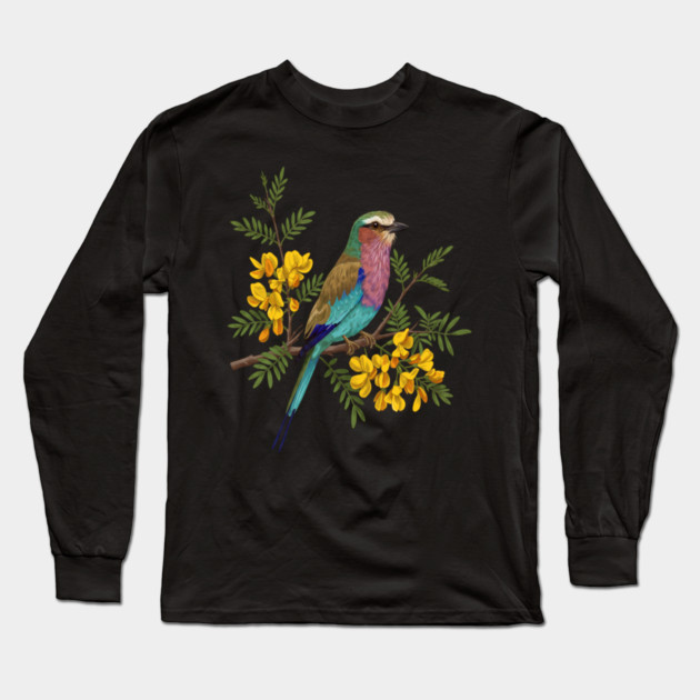 Lilac Breasted Roller with Acacia Blossoms Long Sleeve T-Shirt by BirdsnStuff