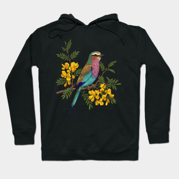 Lilac Breasted Roller with Acacia Blossoms Hoodie by BirdsnStuff