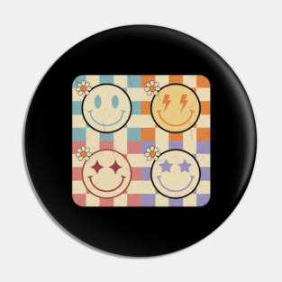 Retro Smiley Face Groovy 70s Checkerboard Pin