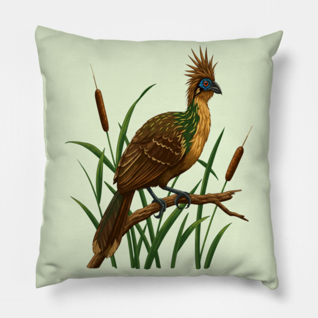Hoatzin on Branch in Lush Wetland Growth Pillow by BirdsnStuff