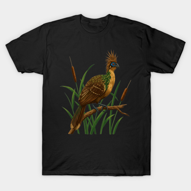 Hoatzin on Branch in Lush Wetland Growth T-Shirt by BirdsnStuff