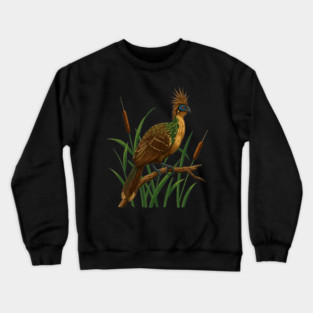 Hoatzin on Branch in Lush Wetland Growth Crewneck Sweatshirt