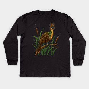 Hoatzin on Branch in Lush Wetland Growth Kids Long Sleeve T-Shirt