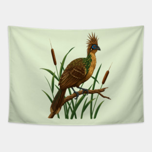 Hoatzin on Branch in Lush Wetland Growth Tapestry