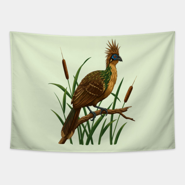Hoatzin on Branch in Lush Wetland Growth Tapestry by BirdsnStuff