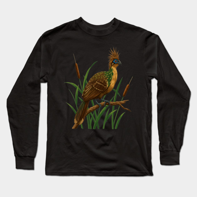 Hoatzin on Branch in Lush Wetland Growth Long Sleeve T-Shirt by BirdsnStuff