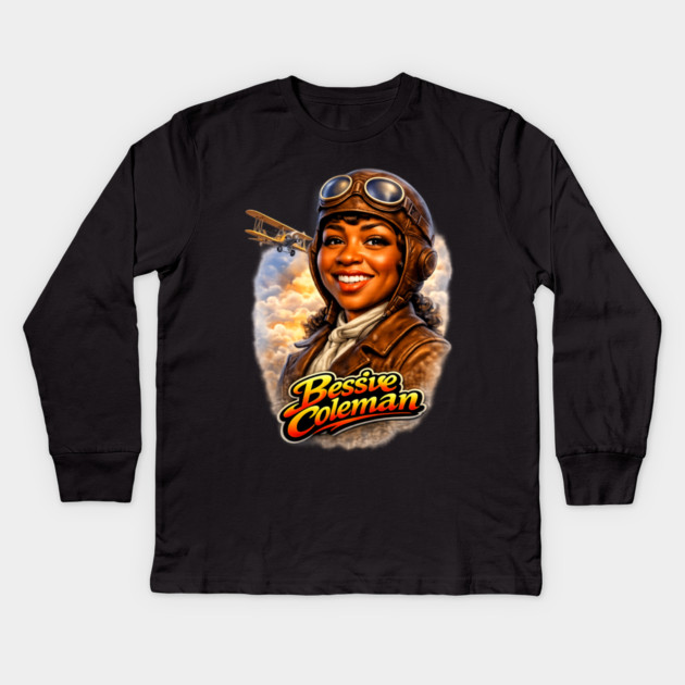 Bessie Coleman Aviation Trailblazer Portrait Illustration Kids Long Sleeve T-Shirt by UrbanLifeApparel