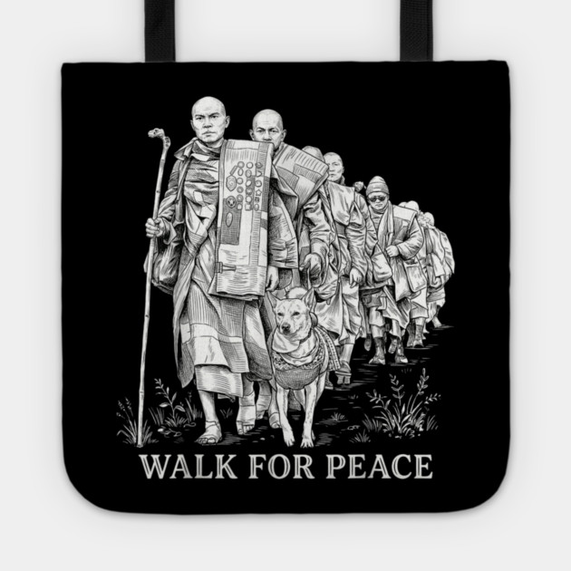 Walk for Peace Monks with Aloka Tote by dtr_art