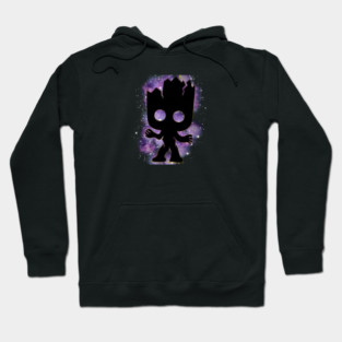 Celestial Sapling Guardian: A Cute Silhouette of a Cosmic Tree Spirit Against a Starry Purple Nebula Hoodie