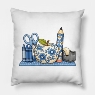 Blue Floral School Supplies Art Pillow