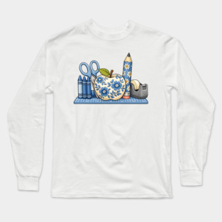 Blue Floral School Supplies Art Long Sleeve T-Shirt