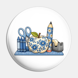 Blue Floral School Supplies Art Pin