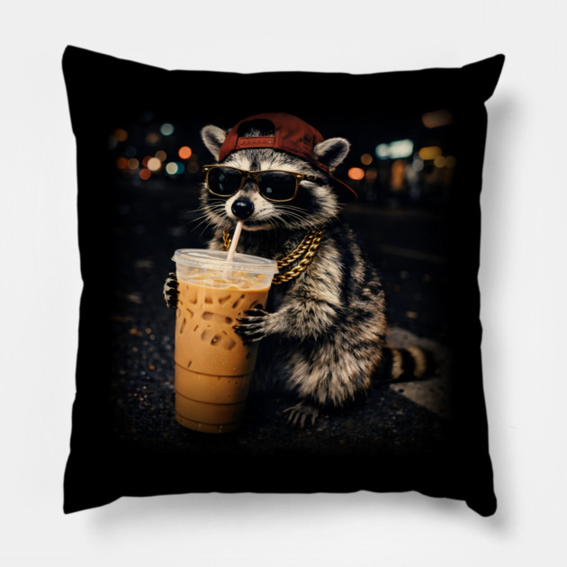 Raccoon-Drinking-Iced-Coffee Pillow by JessArty