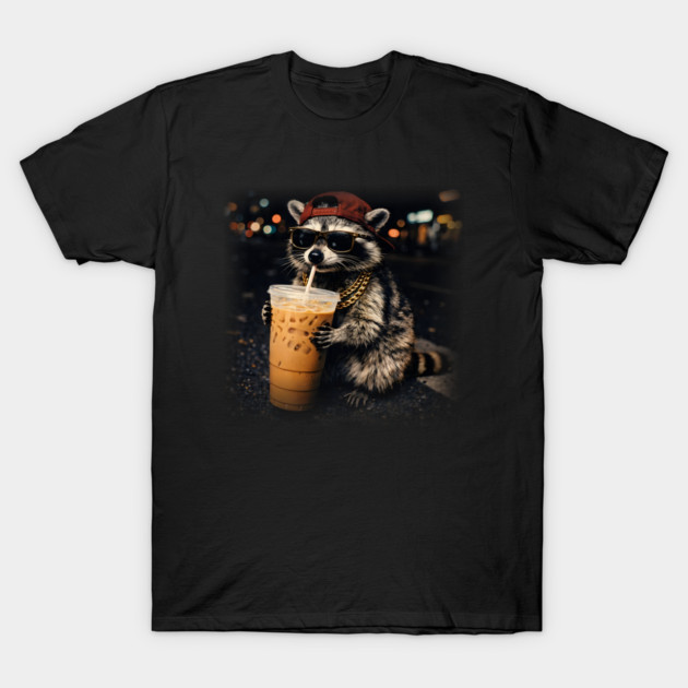 Raccoon-Drinking-Iced-Coffee T-Shirt by JessArty