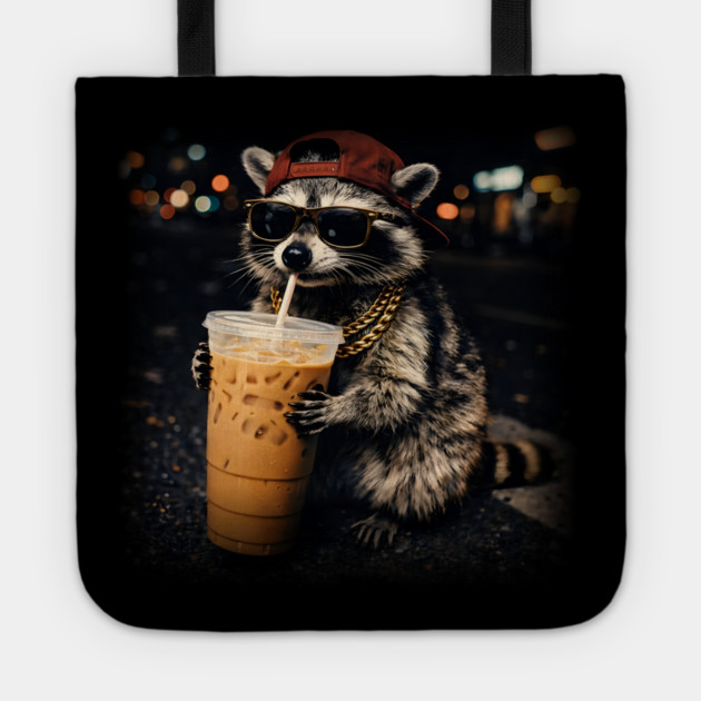 Raccoon-Drinking-Iced-Coffee Tote by JessArty