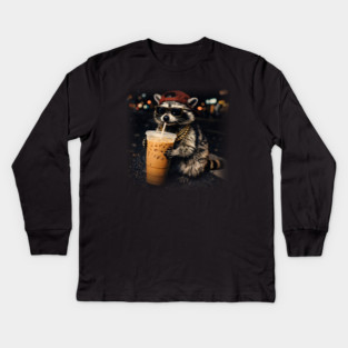 Raccoon-Drinking-Iced-Coffee Kids Long Sleeve T-Shirt
