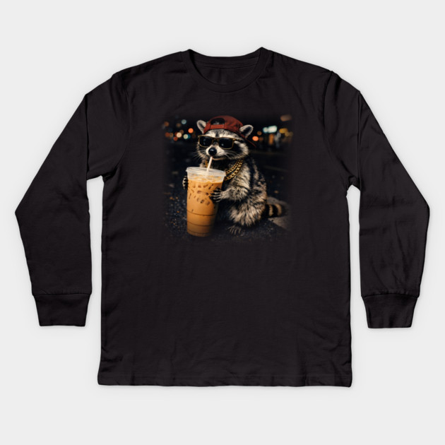 Raccoon-Drinking-Iced-Coffee Kids Long Sleeve T-Shirt by JessArty