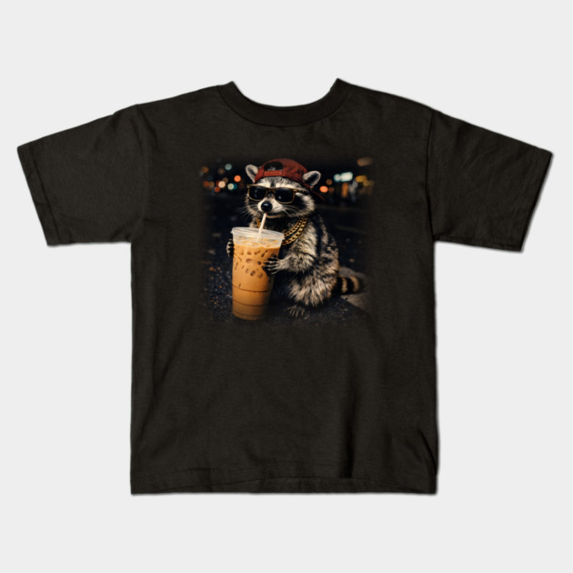 Raccoon-Drinking-Iced-Coffee Kids T-Shirt by JessArty