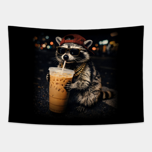 Raccoon-Drinking-Iced-Coffee Tapestry by JessArty