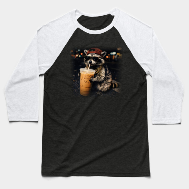 Raccoon-Drinking-Iced-Coffee Baseball T-Shirt by JessArty