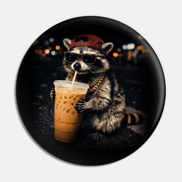 Raccoon-Drinking-Iced-Coffee Pin by JessArty