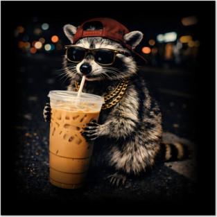 Raccoon-Drinking-Iced-Coffee Posters and Art