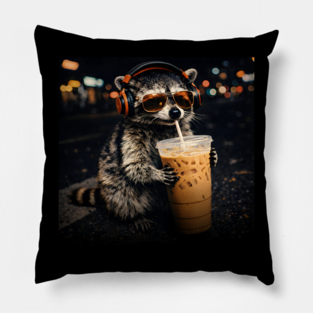 Raccoon-Drinking-Iced-Coffee Pillow by JessArty