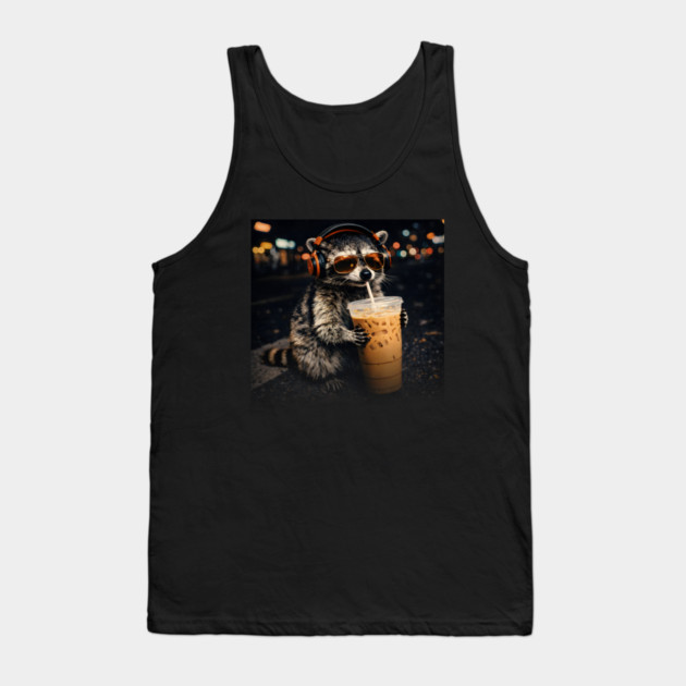 Raccoon-Drinking-Iced-Coffee Tank Top by JessArty