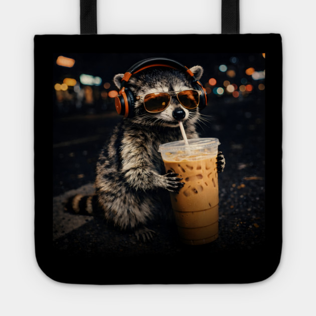 Raccoon-Drinking-Iced-Coffee Tote by JessArty