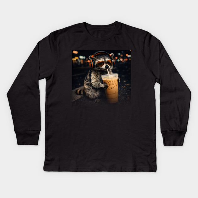 Raccoon-Drinking-Iced-Coffee Kids Long Sleeve T-Shirt by JessArty