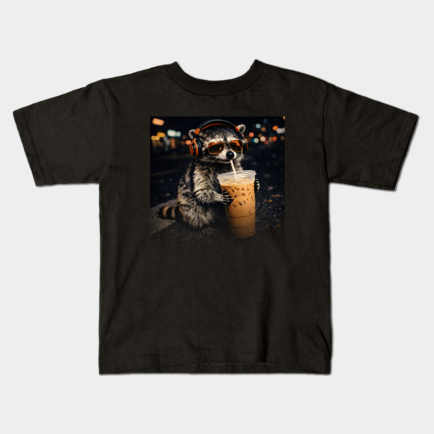 Raccoon-Drinking-Iced-Coffee Kids T-Shirt by JessArty