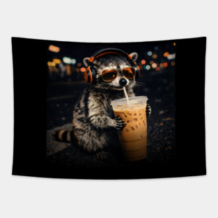 Raccoon-Drinking-Iced-Coffee Tapestry