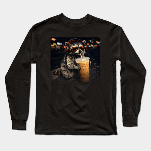 Raccoon-Drinking-Iced-Coffee Long Sleeve T-Shirt by JessArty