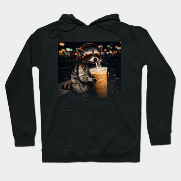 Raccoon-Drinking-Iced-Coffee Hoodie by JessArty