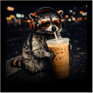 Raccoon-Drinking-Iced-Coffee Posters and Art