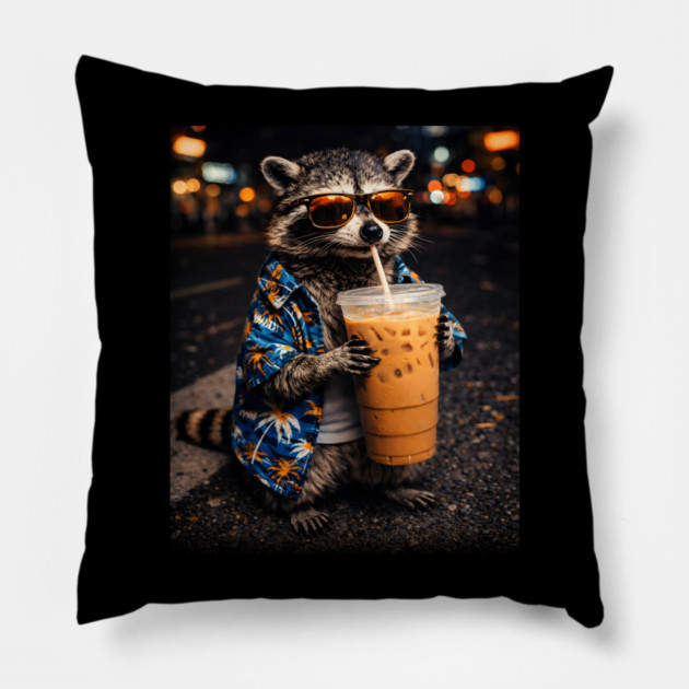 Raccoon-Drinking-Iced-Coffee Pillow by JessArty