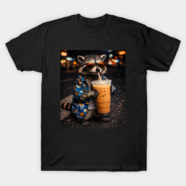 Raccoon-Drinking-Iced-Coffee T-Shirt by JessArty