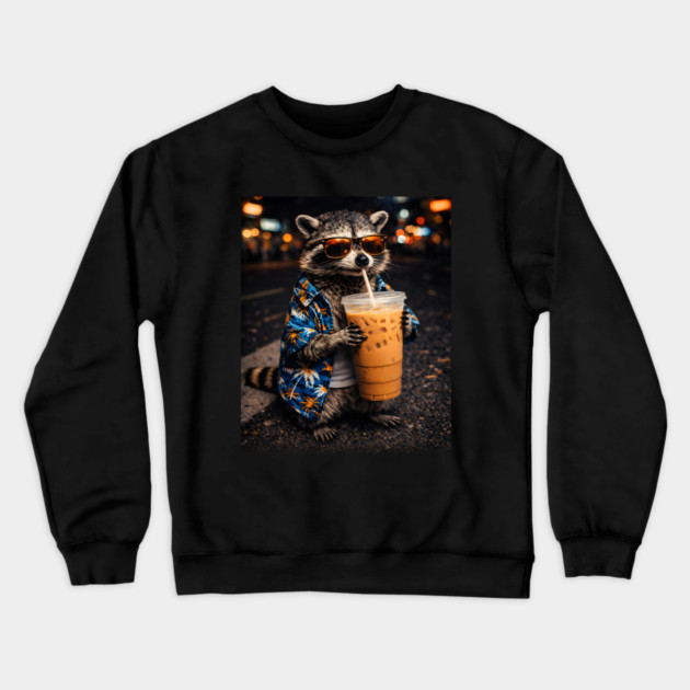 Raccoon-Drinking-Iced-Coffee Crewneck Sweatshirt by JessArty
