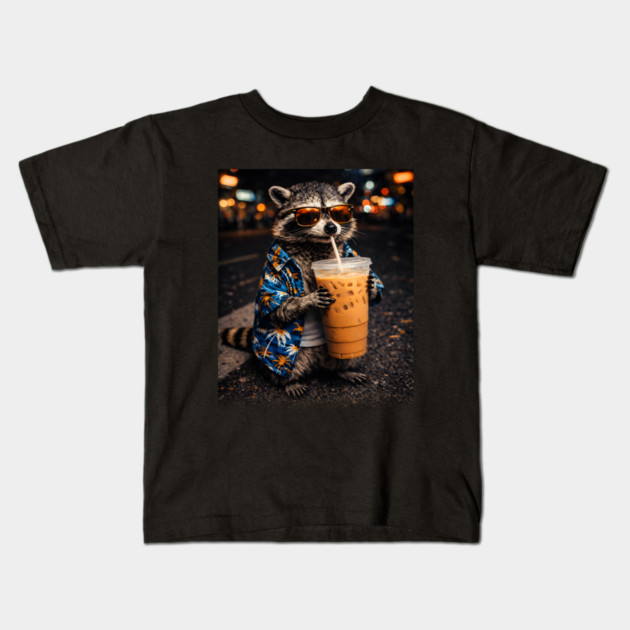 Raccoon-Drinking-Iced-Coffee Kids T-Shirt by JessArty