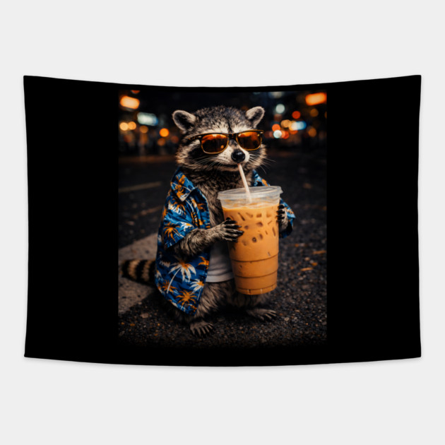 Raccoon-Drinking-Iced-Coffee Tapestry by JessArty