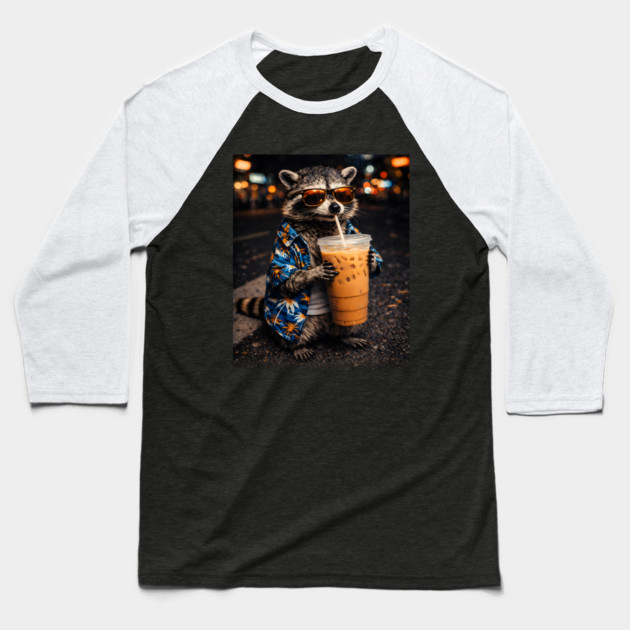 Raccoon-Drinking-Iced-Coffee Baseball T-Shirt by JessArty