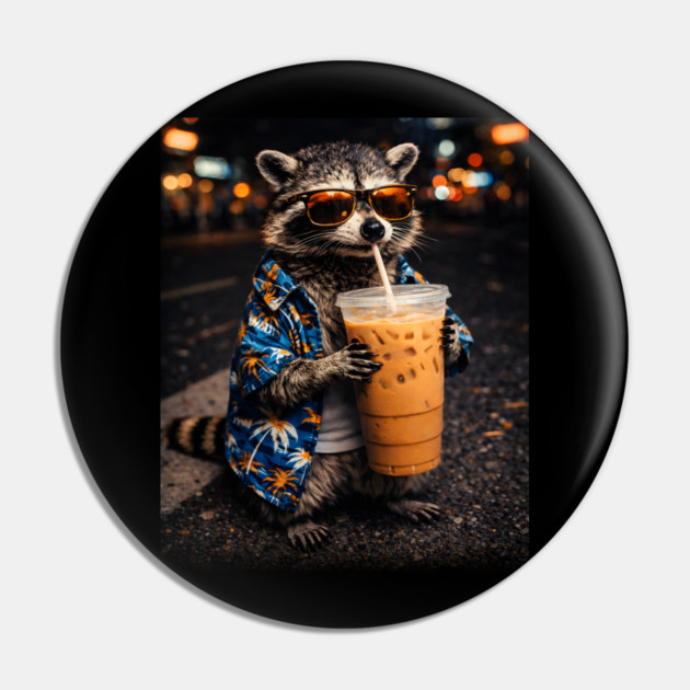Raccoon-Drinking-Iced-Coffee Pin by JessArty