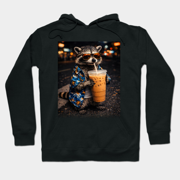 Raccoon-Drinking-Iced-Coffee Hoodie by JessArty