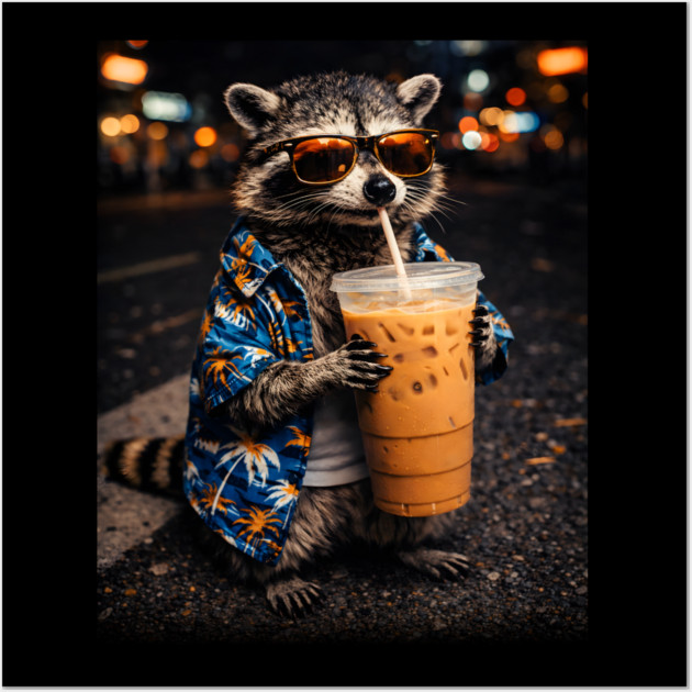 Raccoon-Drinking-Iced-Coffee Wall Art by JessArty