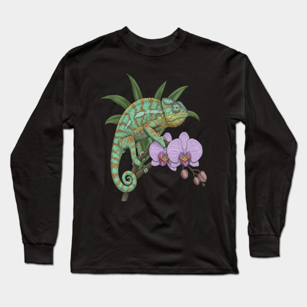 Panther Chameleon Tropical Reptile Design Long Sleeve T-Shirt by BirdsnStuff