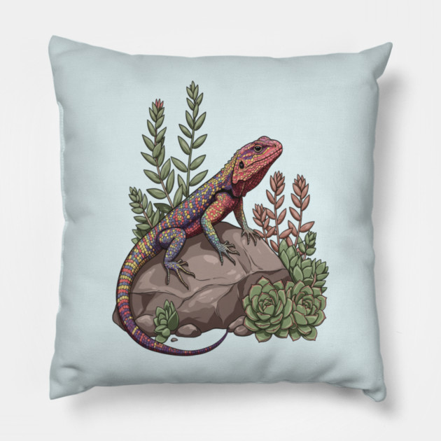 Ocellated Lizard on Stone with Succulents Pillow by BirdsnStuff