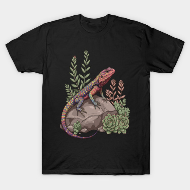 Ocellated Lizard on Stone with Succulents T-Shirt by BirdsnStuff