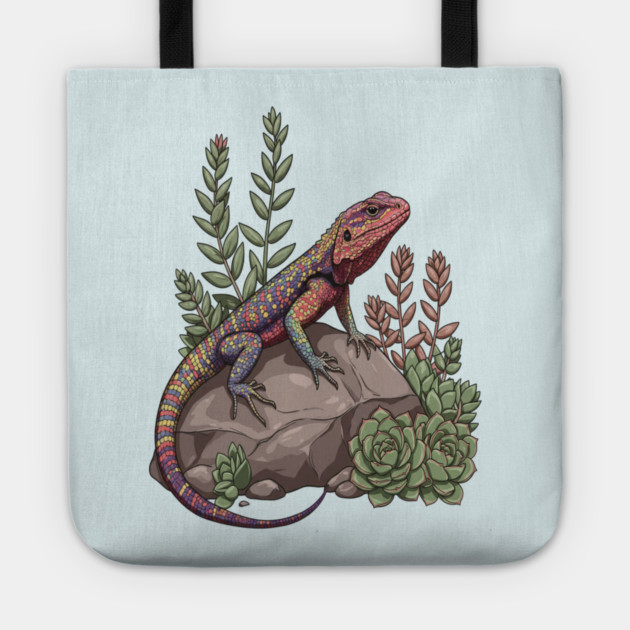 Ocellated Lizard on Stone with Succulents Tote by BirdsnStuff