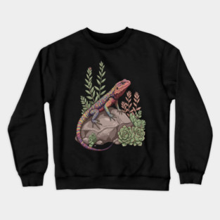 Ocellated Lizard on Stone with Succulents Crewneck Sweatshirt