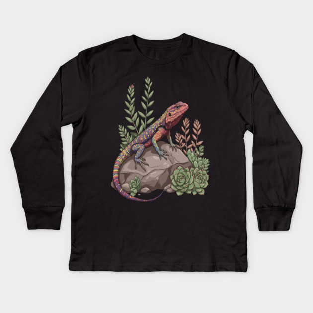 Ocellated Lizard on Stone with Succulents Kids Long Sleeve T-Shirt by BirdsnStuff